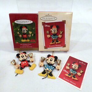 NEW 2001 & 2002 HALLMARK BELL RINGING MICKEY MOUSE MINNIE MOVING ORNAMENT SET